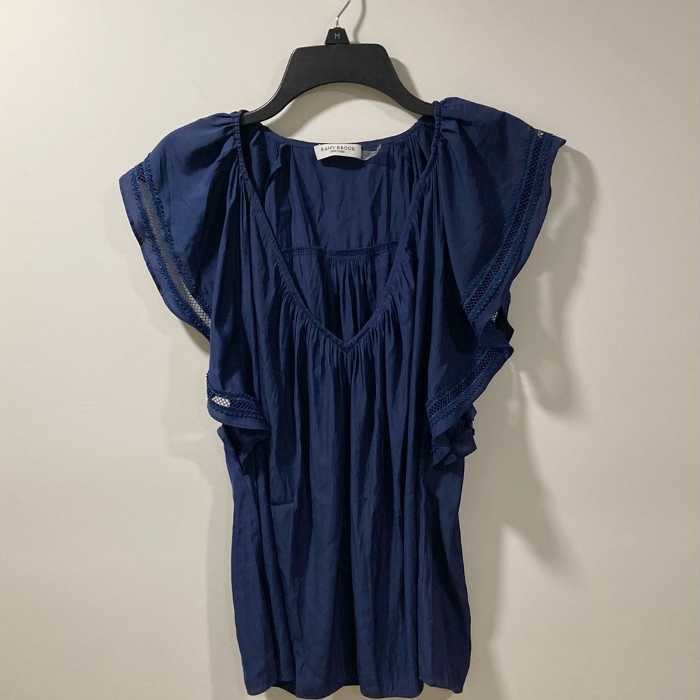 Ramy Brook Silk Blend Flutter Sleeve Boho Blouse Navy Medium